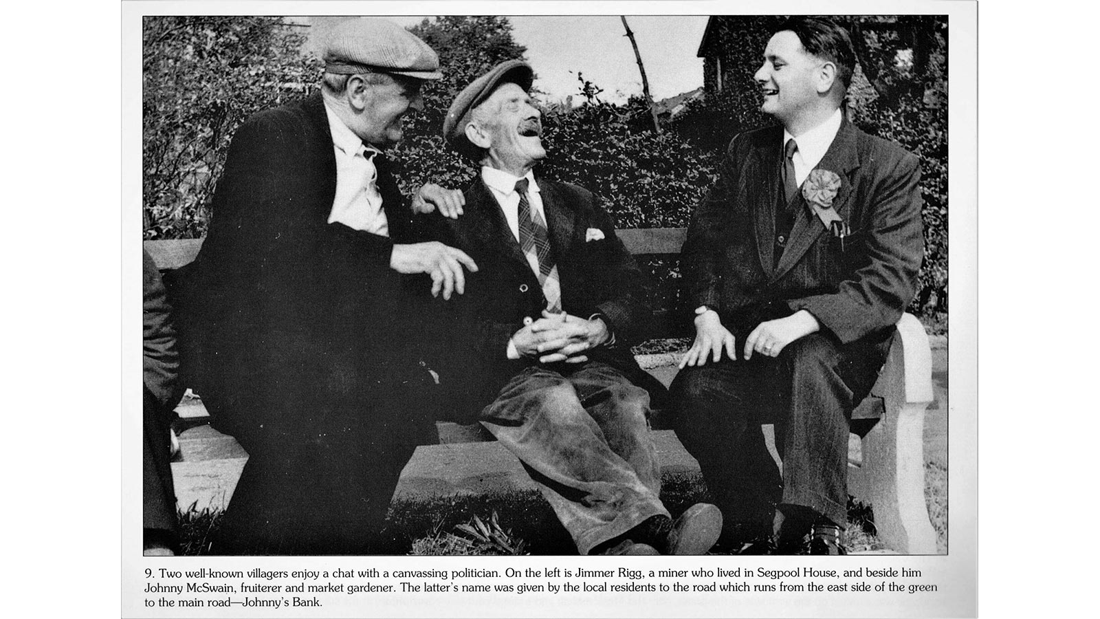 image of Jimmer Rigg and Johnny McSwain enjoying a chat with a canvassing politician in Walbottle Village - date unknown